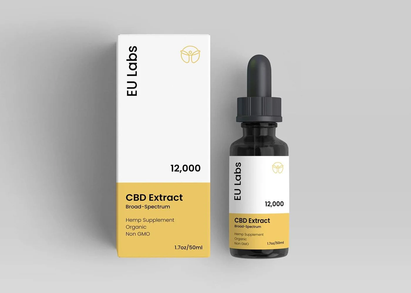 Front of a 50ml broad-spectrum CBD oil bottle, 12000mg strength