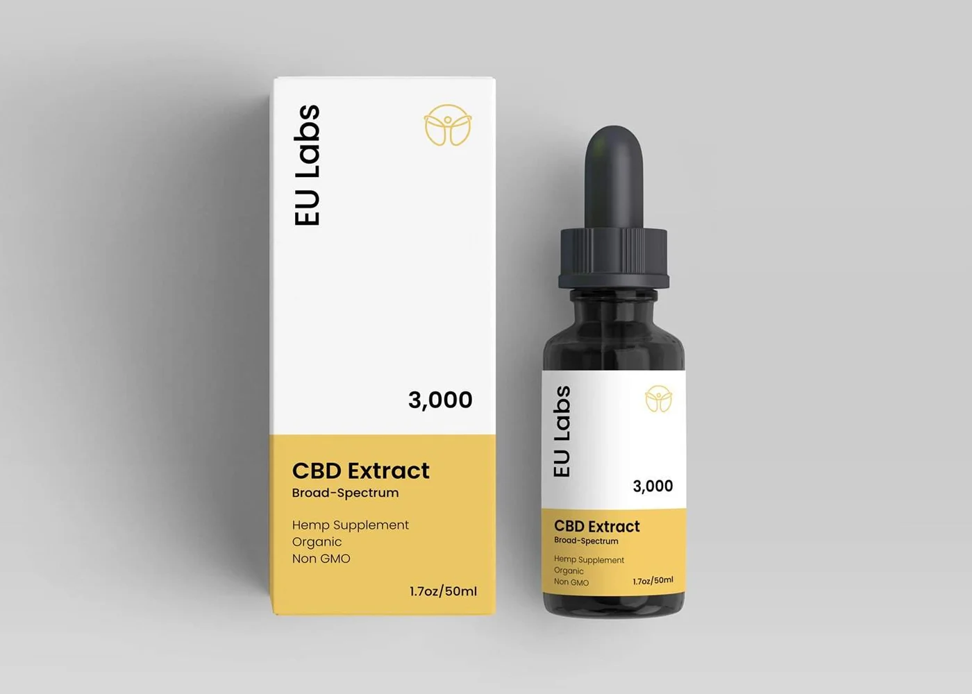 Front of a 50ml broad-spectrum CBD oil bottle, 3000mg strength
