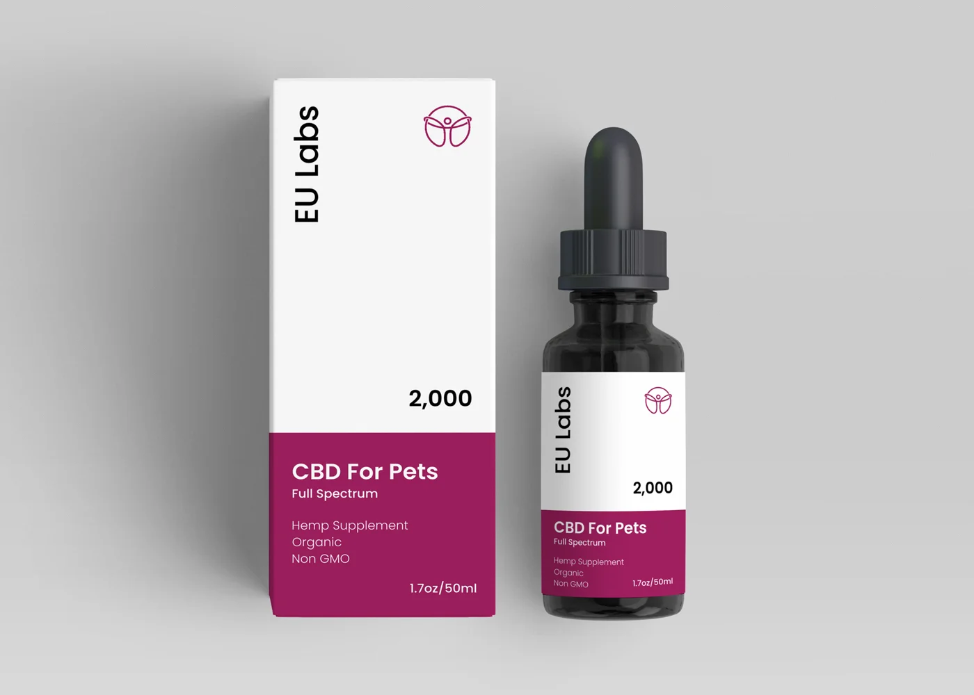 Front of a 50ml pet CBD oil bottle, 2000mg full-spectrum